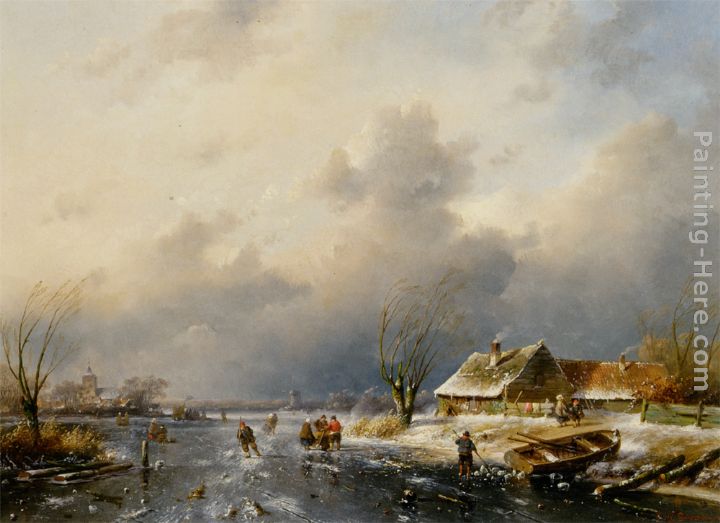 A Frozen Waterway with Skaters by a Cottage painting - Charles Henri Joseph Leickert A Frozen Waterway with Skaters by a Cottage art painting